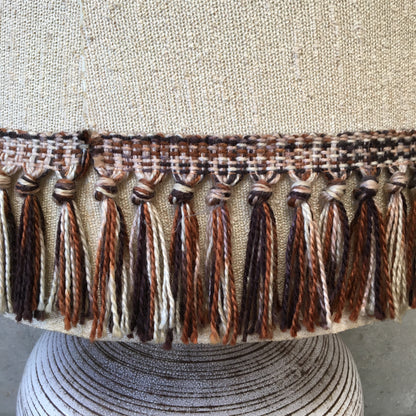 Large Vintage Ceramic Table Lamp With Earth-Tone Fringe Shade