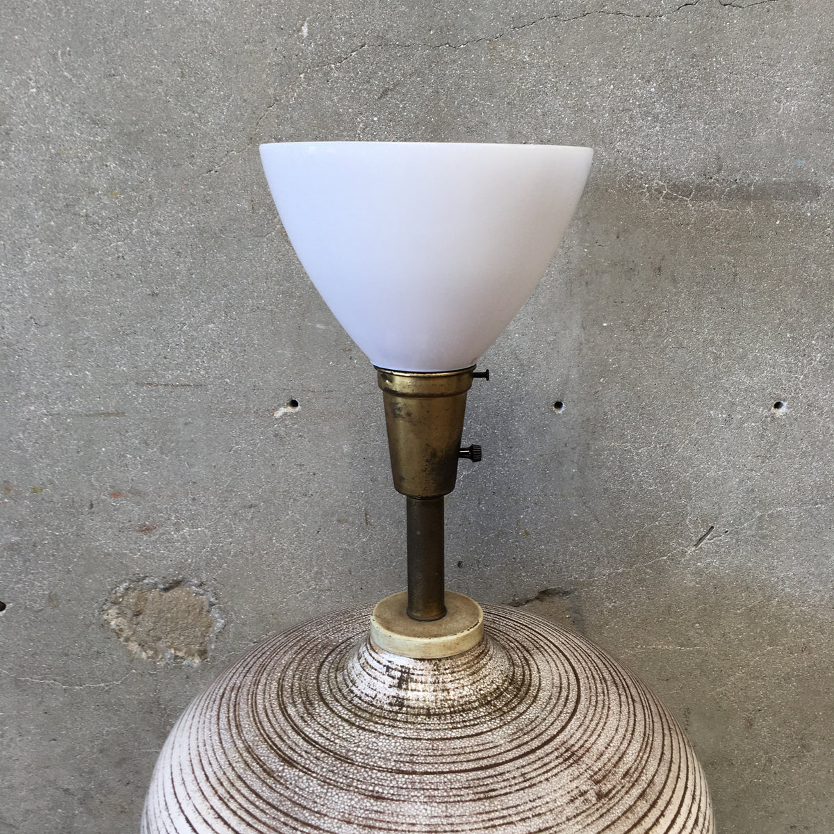 Large Vintage Ceramic Table Lamp With Earth-Tone Fringe Shade