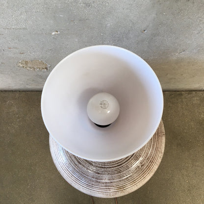 Large Vintage Ceramic Table Lamp With Earth-Tone Fringe Shade