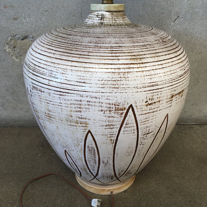 Large Vintage Ceramic Table Lamp With Earth-Tone Fringe Shade