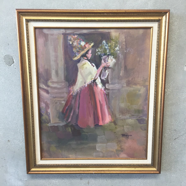 Vintage Little Girl with Straw Hat Painting