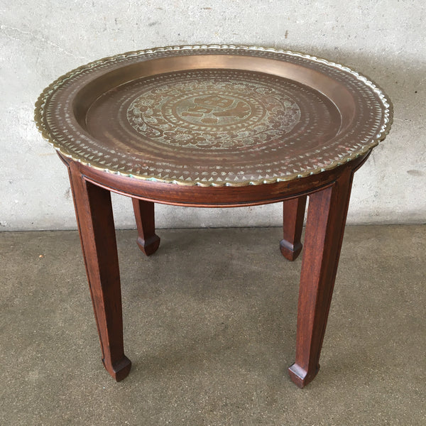 Small Wood Table with Brass Tray