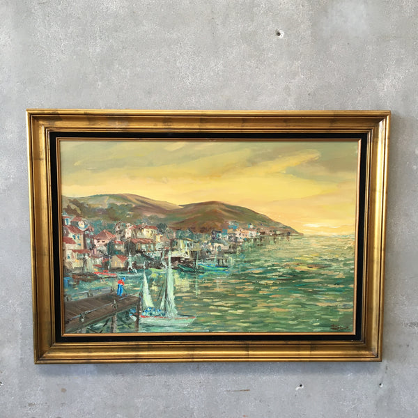 MCM Impressionist Sea Side Town Scape Oil On Canvas Signed
