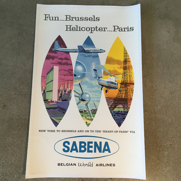 Vintage Sabena New York to Brussels Belgian World Airlines Travel Poster